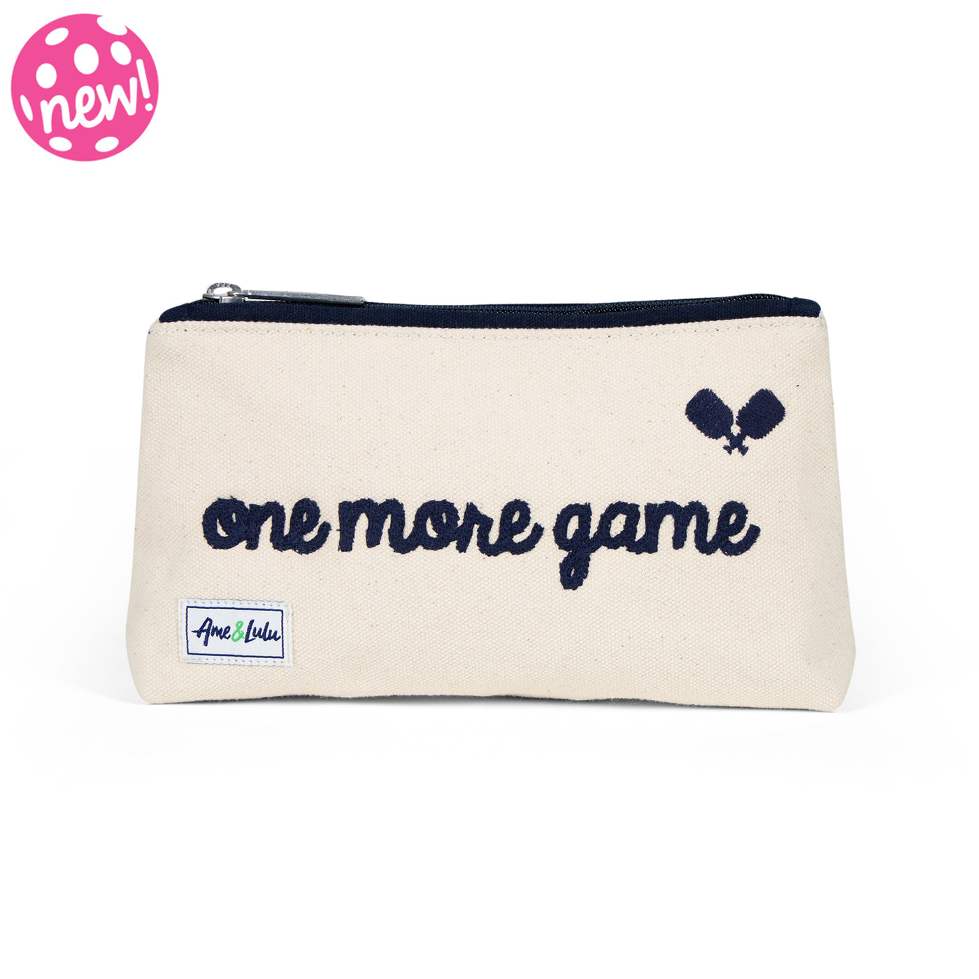 Natural canvas pouch with navy zipper and navy embroidery on the front that reads "one more game" in cursive.