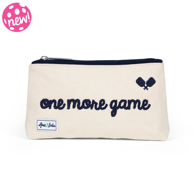 Natural canvas pouch with navy zipper and navy embroidery on the front that reads "one more game" in cursive.