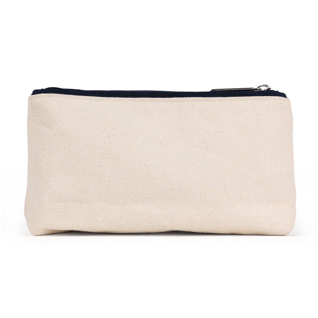 Natural canvas pouch with navy zipper and navy embroidery on the front that reads "one more game" in cursive.