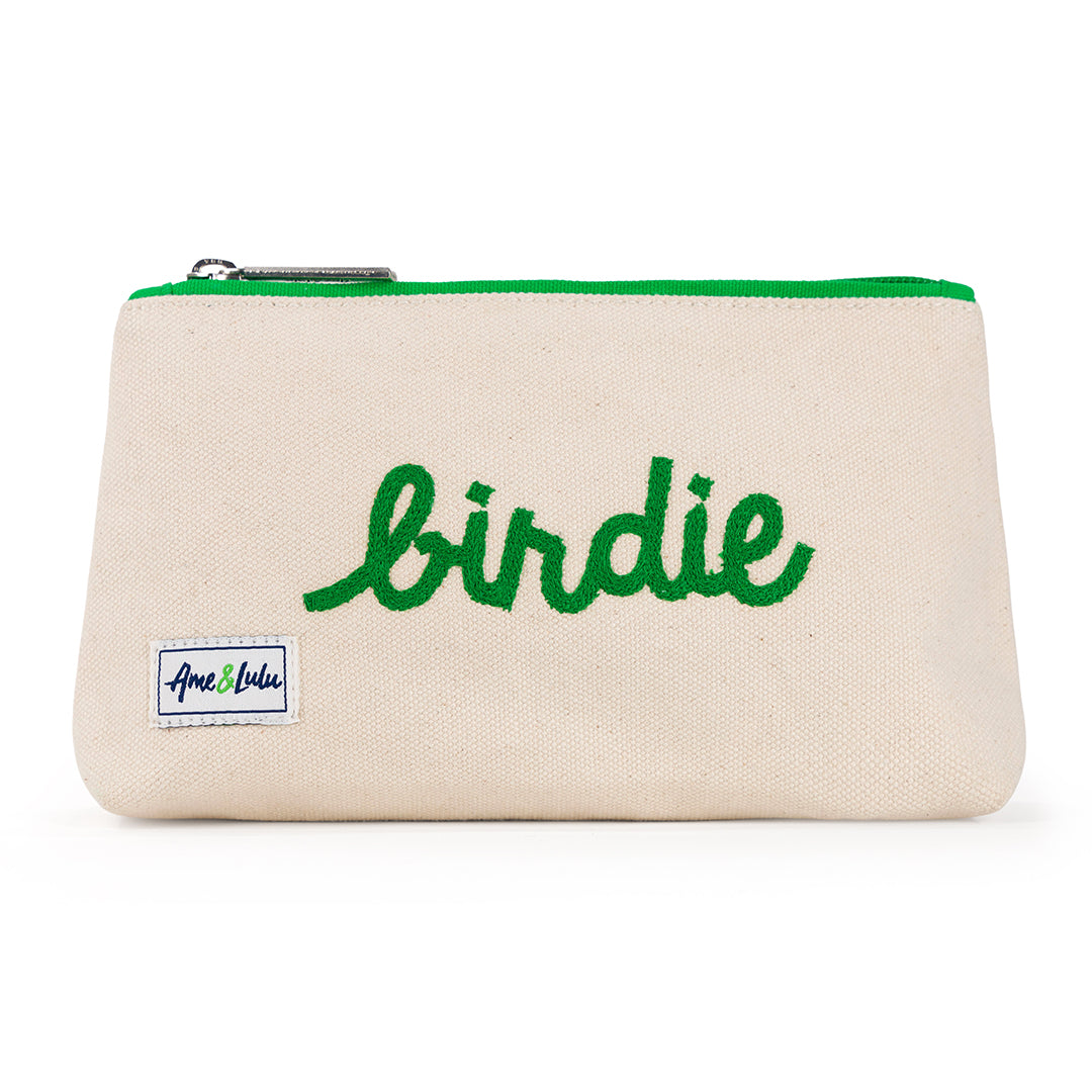 Front view of small natural canvas makeup pouch with green trim and zipper. Front is embroidered with the word "birdie" in green cursive font.