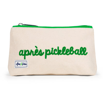 Front view of small natural canvas makeup pouch with green trim and green embroidery reading "Après Pickleball"