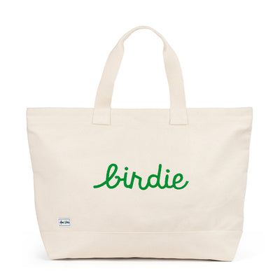 Canvas large tote with word Birdie embroidered on the front in green cursive font