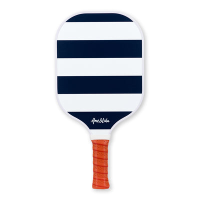 Navy and white striped pickleball paddle with tan faux leather handle. 