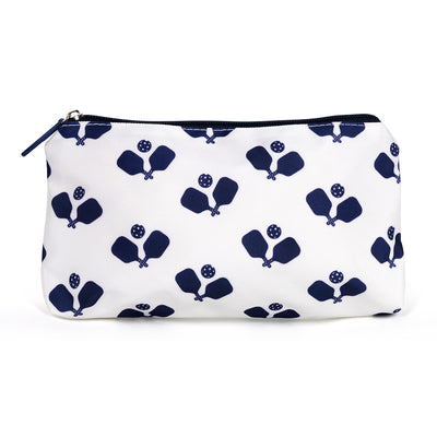 Front view of small nylon makeup pouch. Pouch is white with navy trim and navy crossed pickleball paddles printed on it.