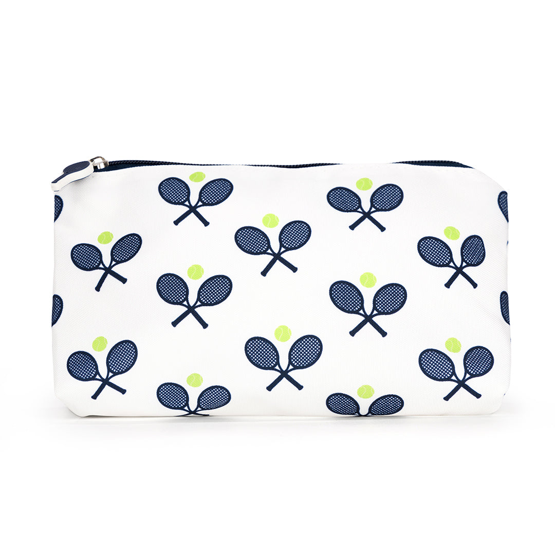 Small white nylon pouch with navy crossed racquets printed on bag. Pouch has navy racquet zipper.