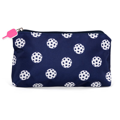 Front view of navy nylon small makeup pouch. Pouch has white pickleball printed on it and a hot pink pickleball paddle zipper.