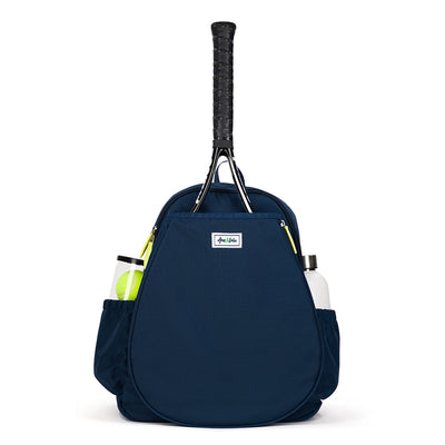 Front view of navy tennis backpack with lime green zippers. Front pockets holds tennis racquets.