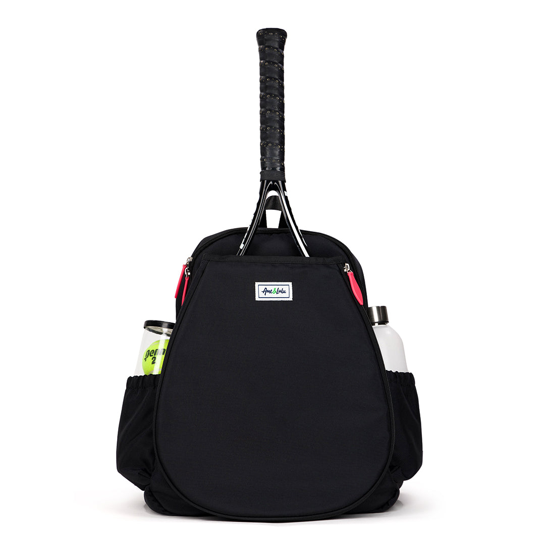 Front view of black game on tennis backpack with coral zippers. Front pocket hold tennis racquets.