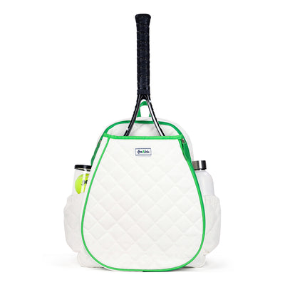 Front view of white game on tennis backpack with green trim. Backpack has quilted fabric and front pocket for tennis racquets.