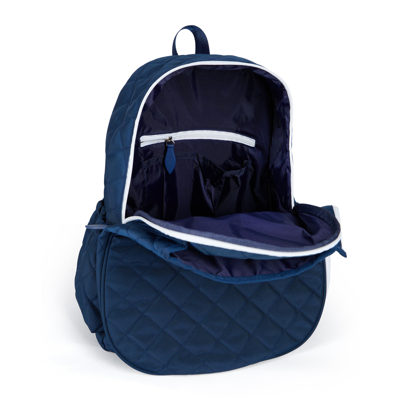 Women's tennis backpack with navy quilted nylon fabric and white trim. There is a tennis racquet in the front pocket.