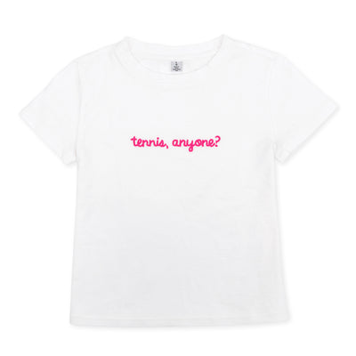 White t shirt lays flat on a white background. The front is embroidered with the words "tennis anyone" in hot pink cursive font