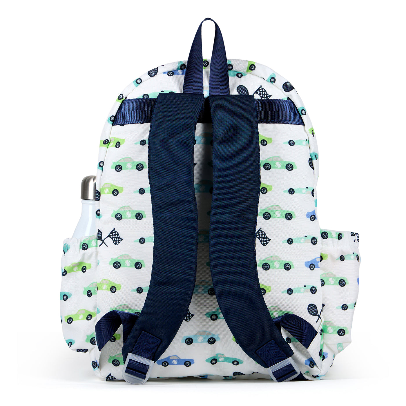 White kids tennis backpack with navy trim and blue and green racecars printed on the fabric. There is a tennis racquet in the front pocket.