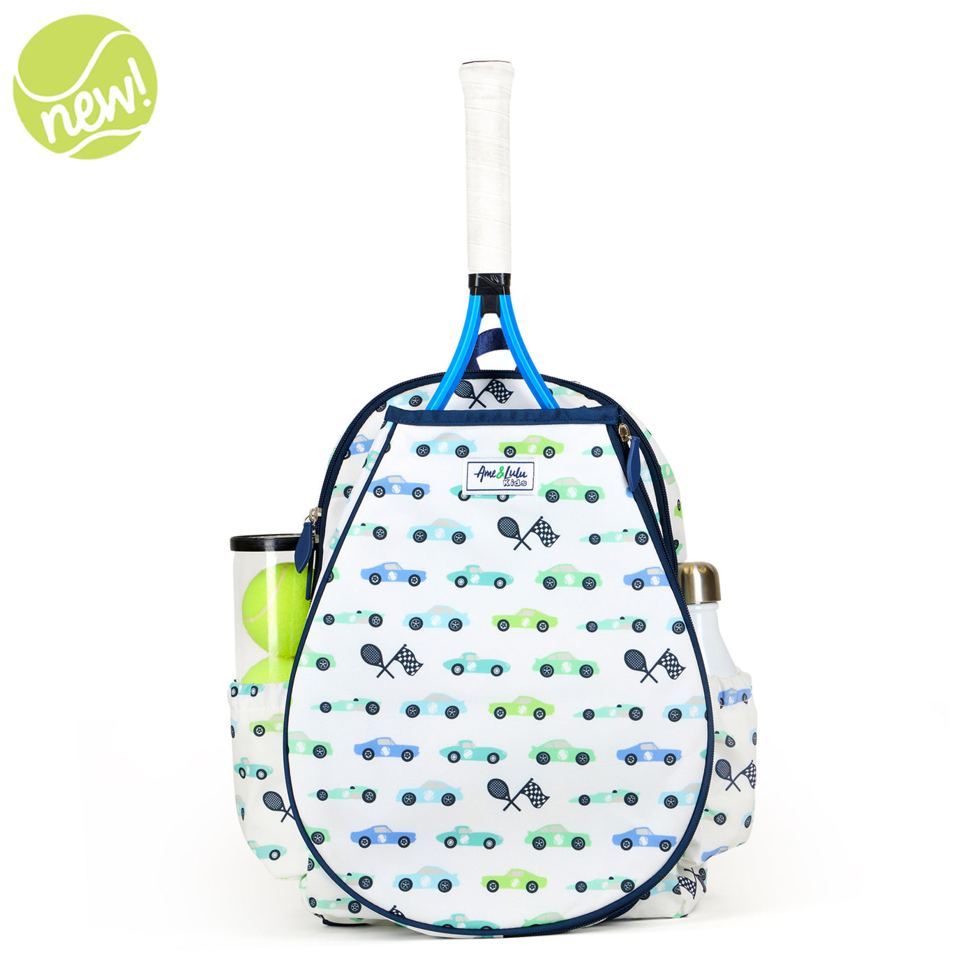 White kids tennis backpack with navy trim and blue and green racecars printed on the fabric. There is a tennis racquet in the front pocket.