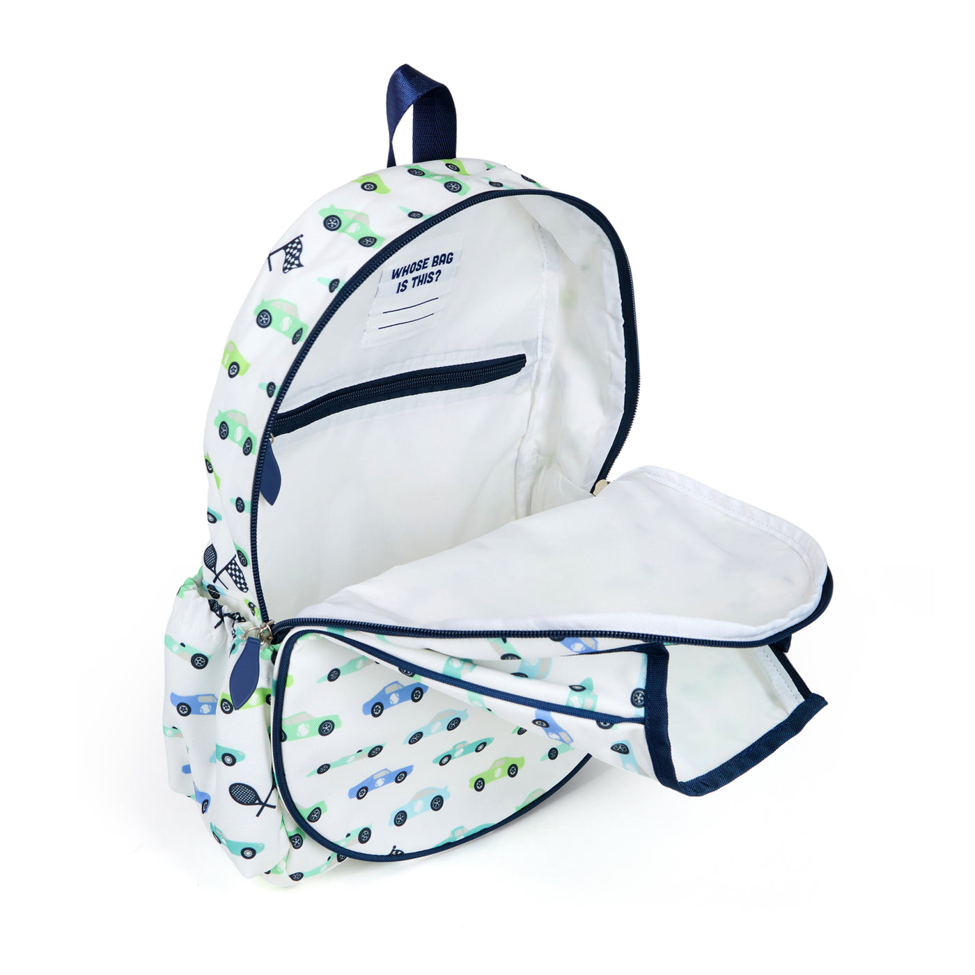 White kids tennis backpack with navy trim and blue and green racecars printed on the fabric. There is a tennis racquet in the front pocket.