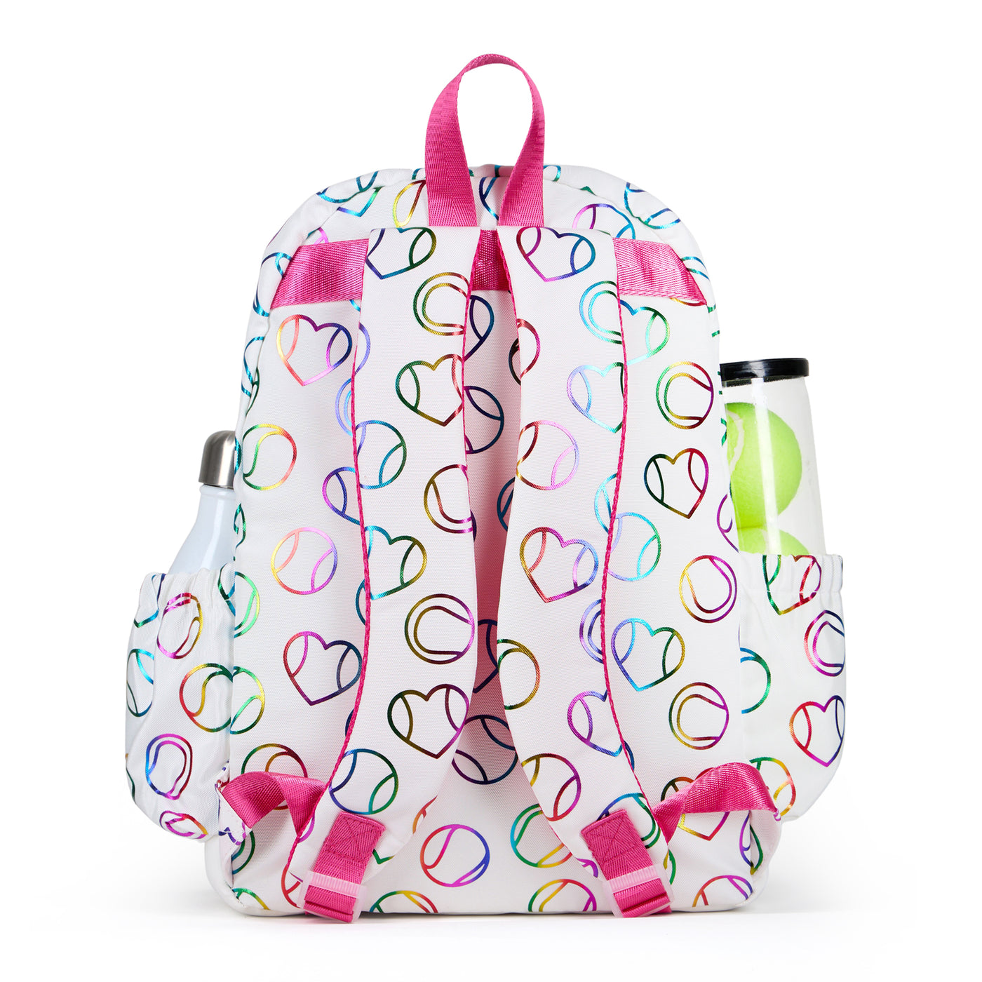 White kids tennis backpack with hot pink zippers and metallic rainbow tennis balls and hearts printed on the fabric.