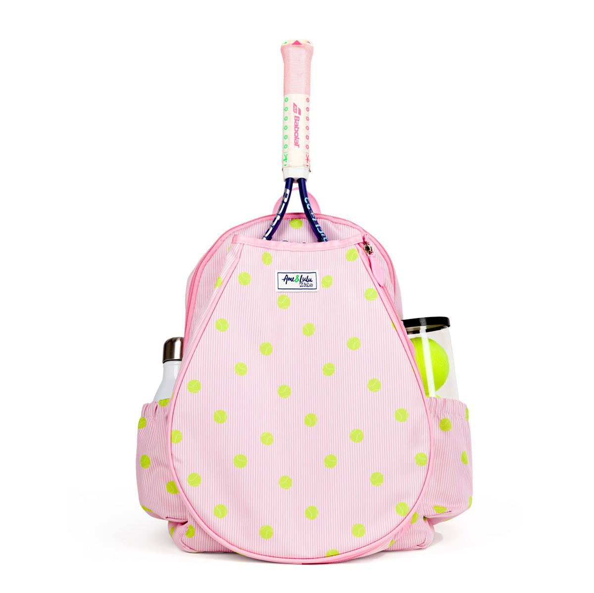 Kids tennis backpack with front pocket to hold tennis racquet. Bag is printed with a pink and white striped pattern and repeating tennis balls on the stripes.