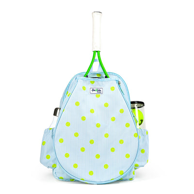 Kids tennis backpack with front pocket to hold tennis racquet. Bag is printed with a blue and white striped pattern and repeating tennis balls on the stripes.