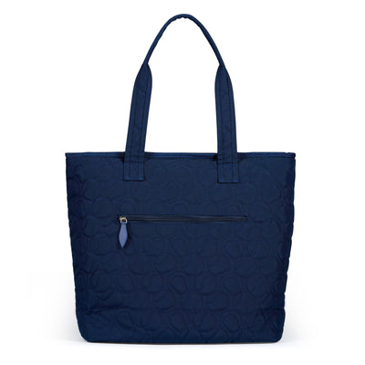 Navy nylon tennis tote with tennis ball quilted pattern.