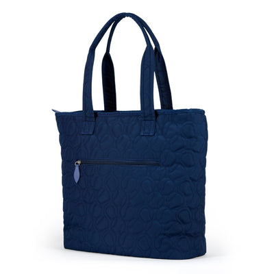 Navy nylon tennis tote with tennis ball quilted pattern.