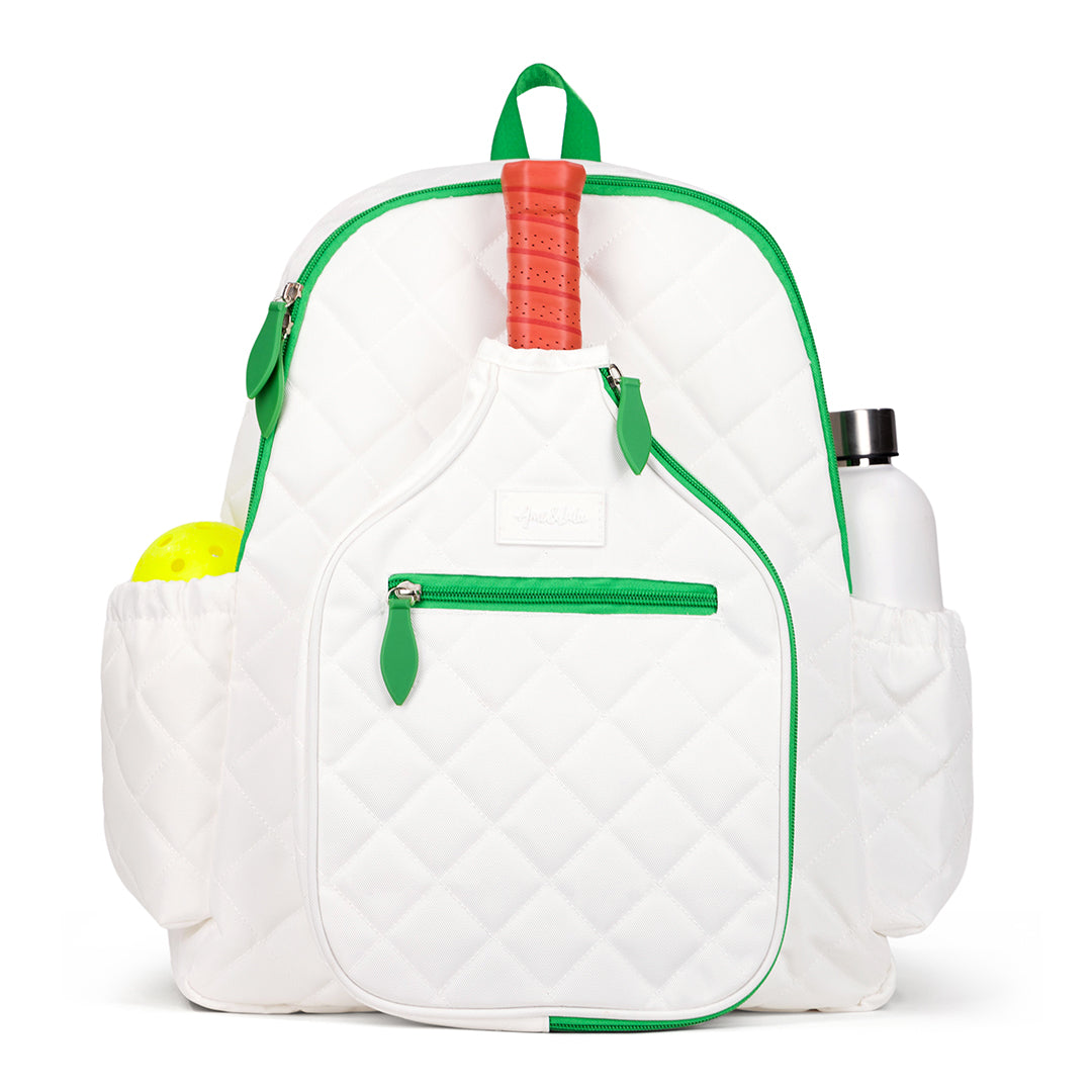 Front view of pickleball backpack with white quilted nylon fabric. Backpack has green trim and front paddle pocket. 