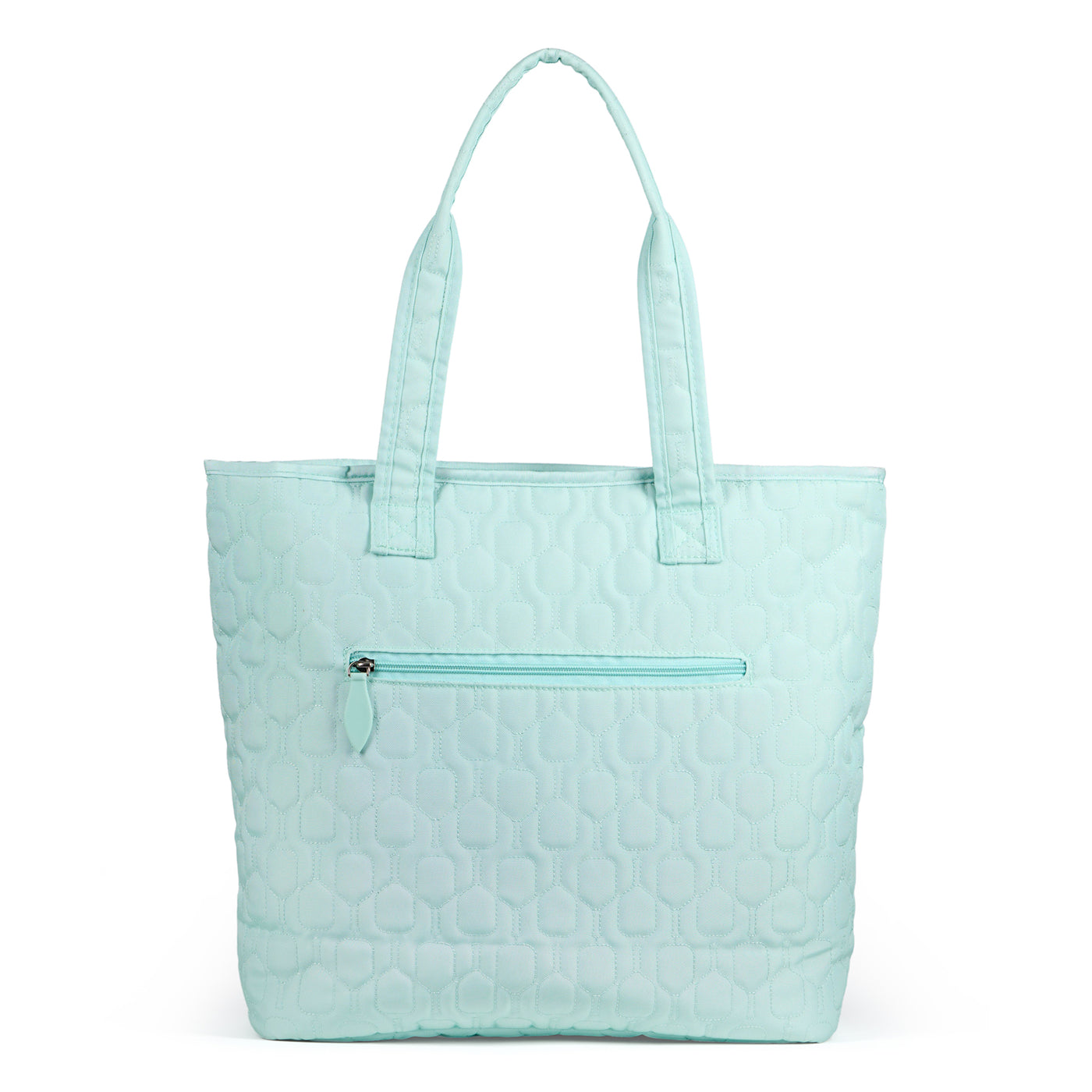 Light blue nylon pickleball tote with pickleball paddle quilted pattern.