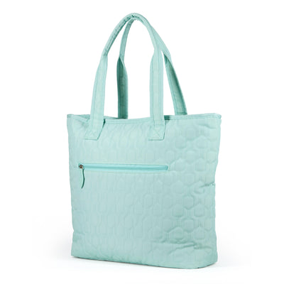 Light blue nylon pickleball tote with pickleball paddle quilted pattern.