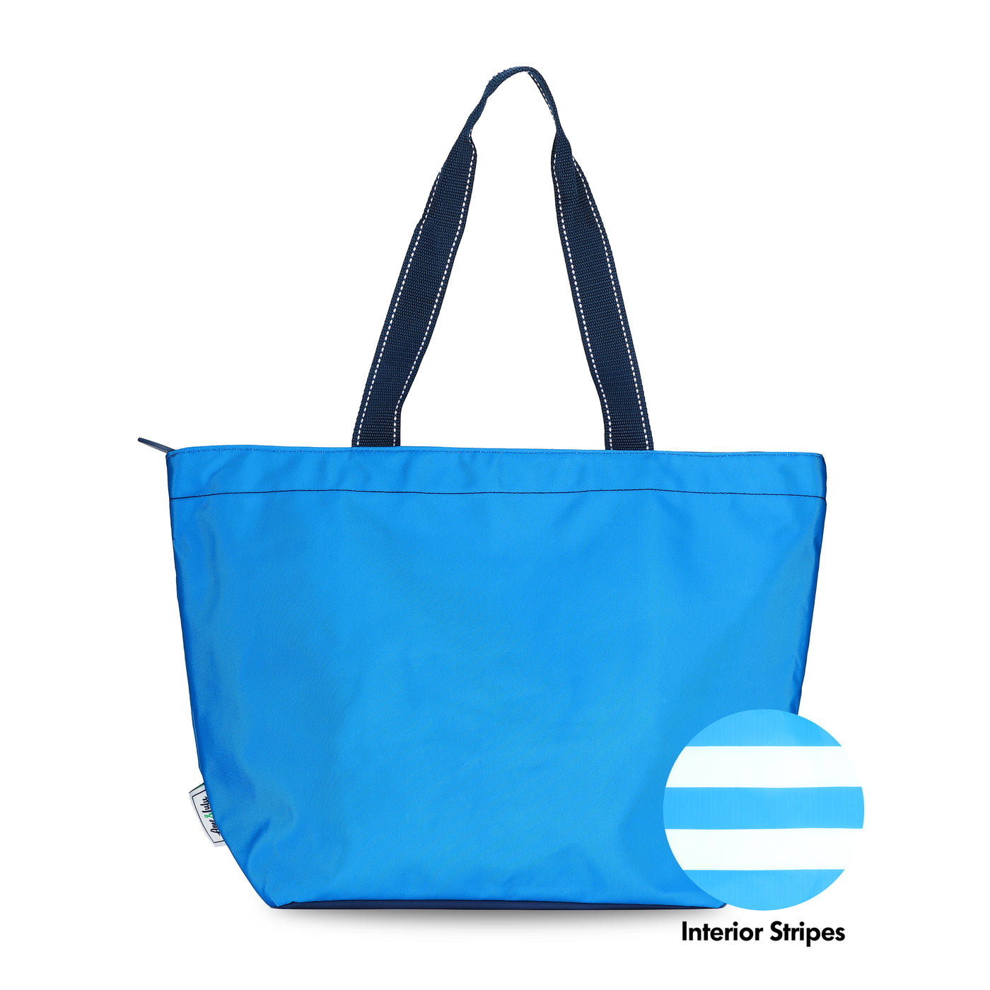 blue nylon tote bag with navy straps that has a swatch next to it to show it has blue and white interior stripes