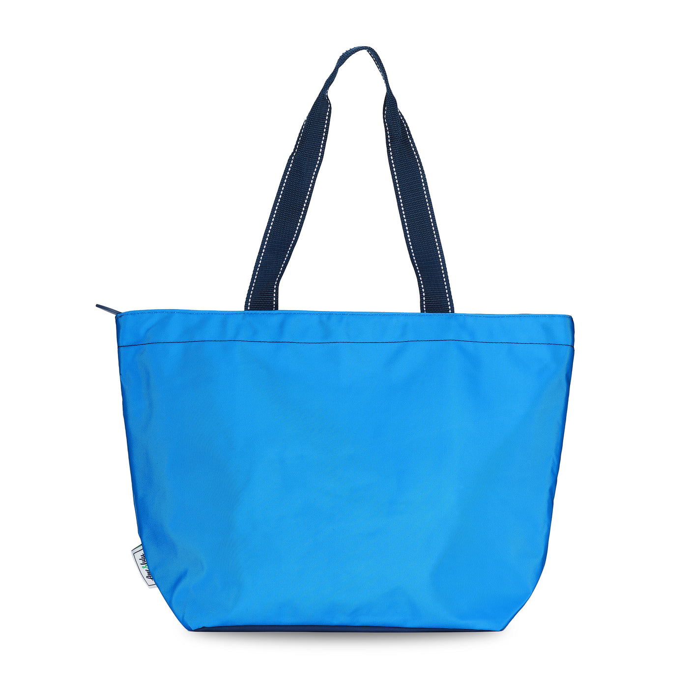 blue nylon tote bag with navy straps