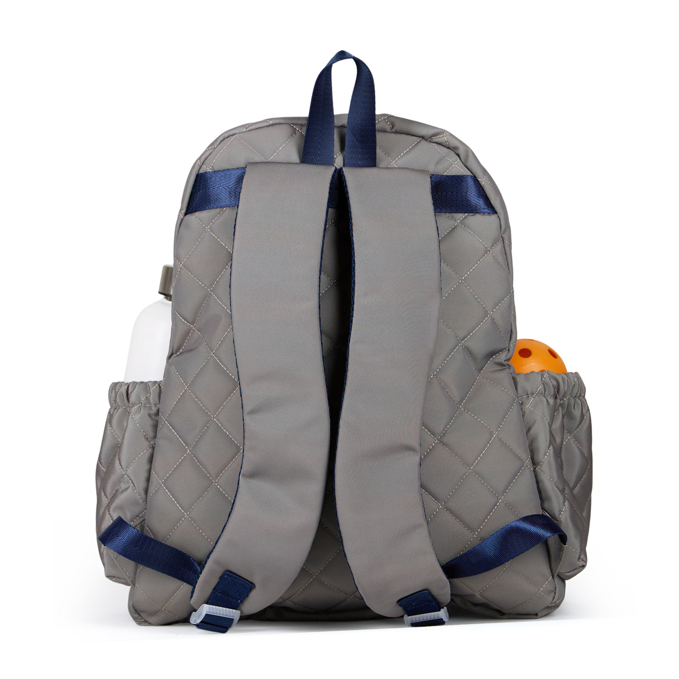 Quilted grey nylon with navy trim pickleball backpack with paddle shaped pocket on the front with paddle inside.