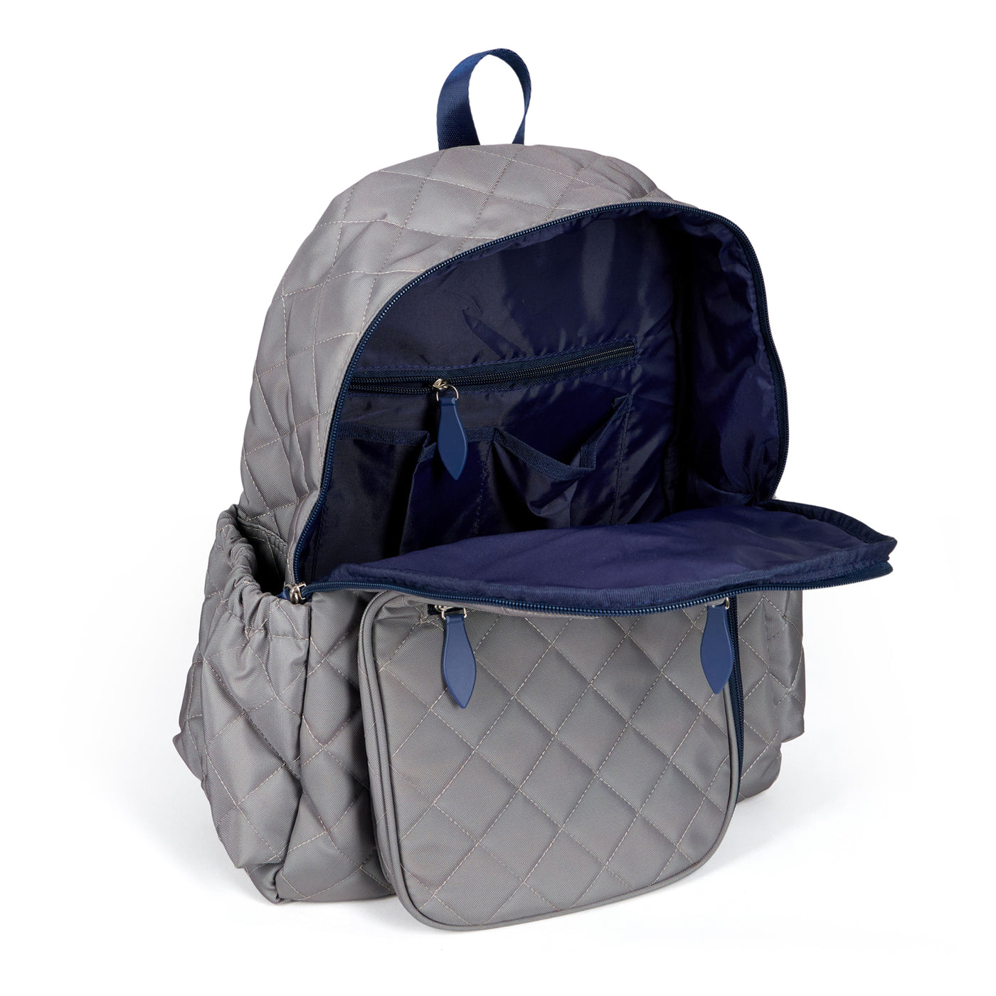 Quilted grey nylon with navy trim pickleball backpack with paddle shaped pocket on the front with paddle inside.