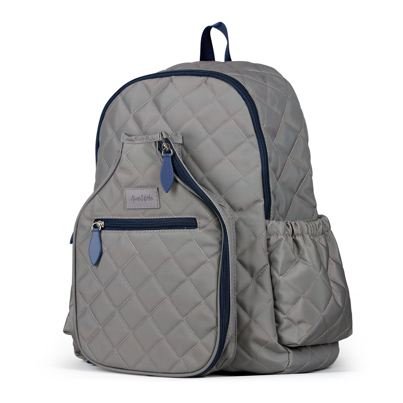 Quilted grey nylon with navy trim pickleball backpack with paddle shaped pocket on the front with paddle inside.