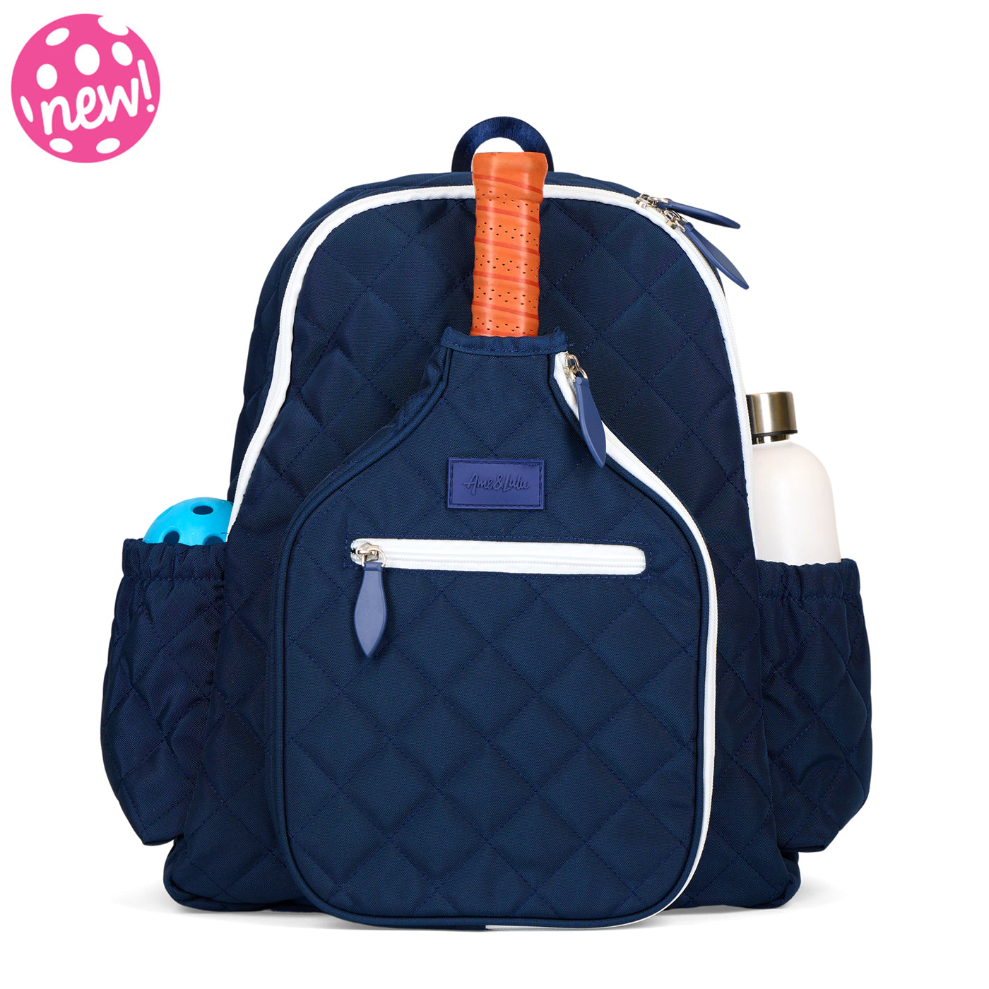 Quilted navy nylon pickleball backpack with paddle shaped pocket on the front with paddle inside.