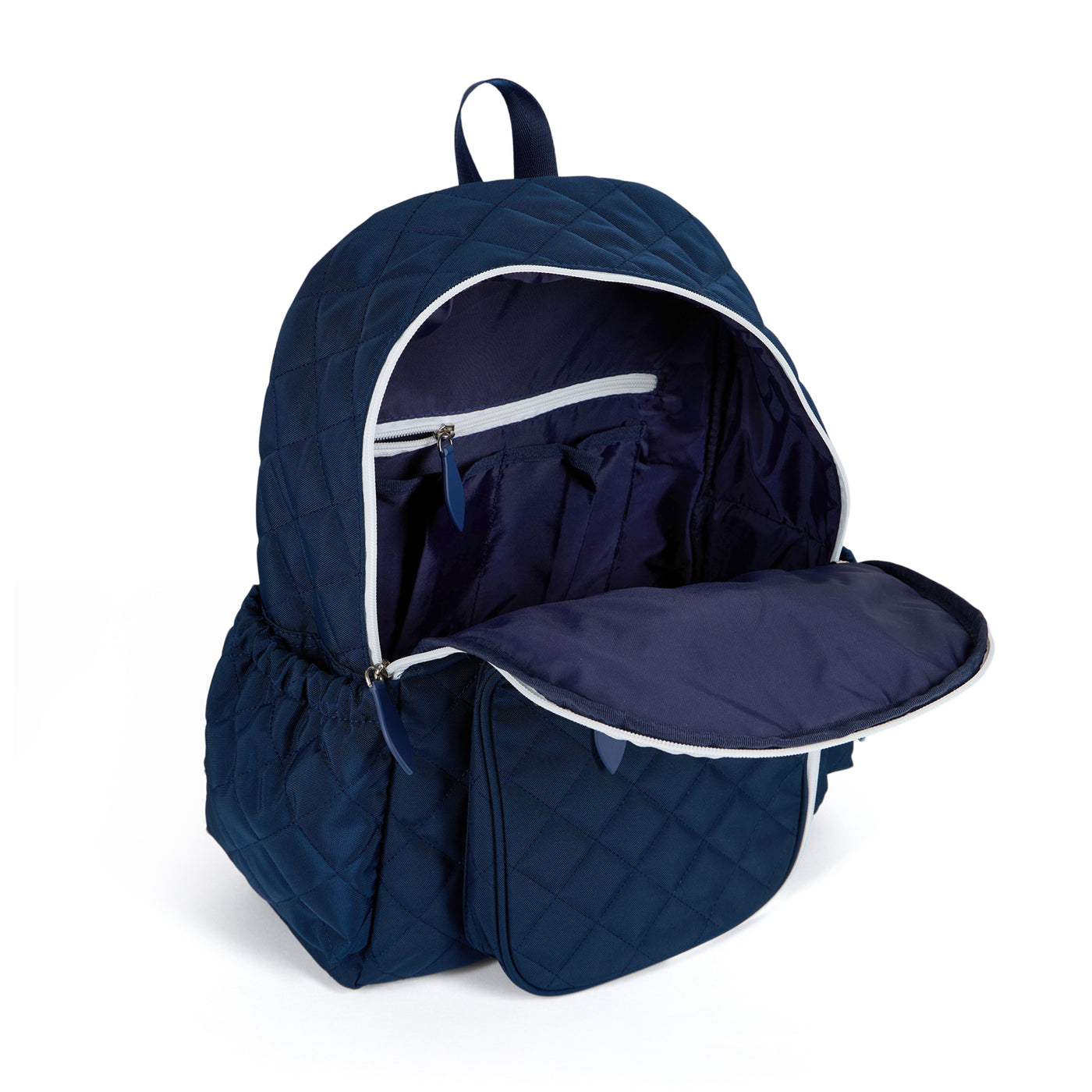 Quilted navy nylon pickleball backpack with paddle shaped pocket on the front with paddle inside.