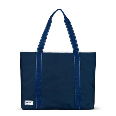 Front view of navy beach tote with navy straps and white details.