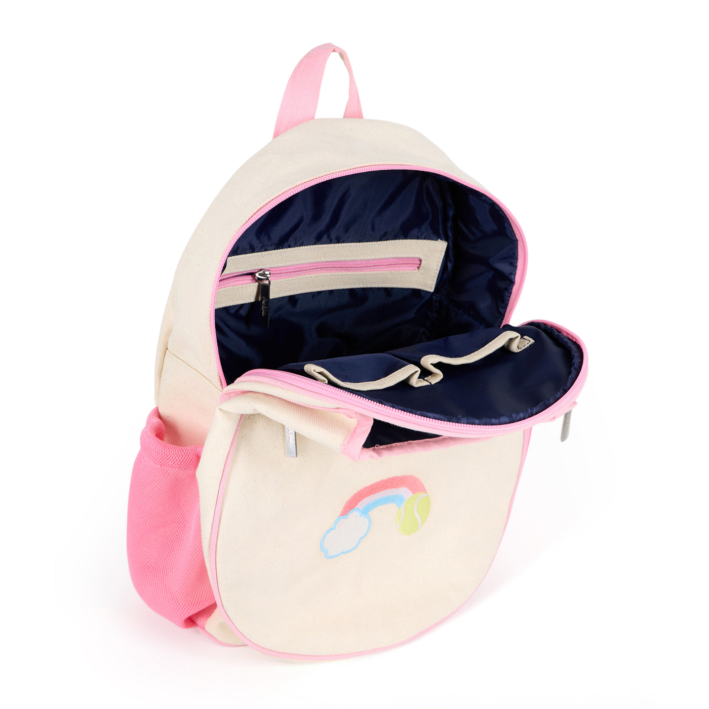 Natural canvas kids tennis backpack with pastel pink trim and water bottle pockets. There is a front tennis racquet pocket. A rainbow with a tennis ball is embroidered on the front pocket. 