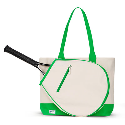 Natural canvas tennis tote with bright green trim, handles and bottom panel. Front pocket holds tennis racquets.