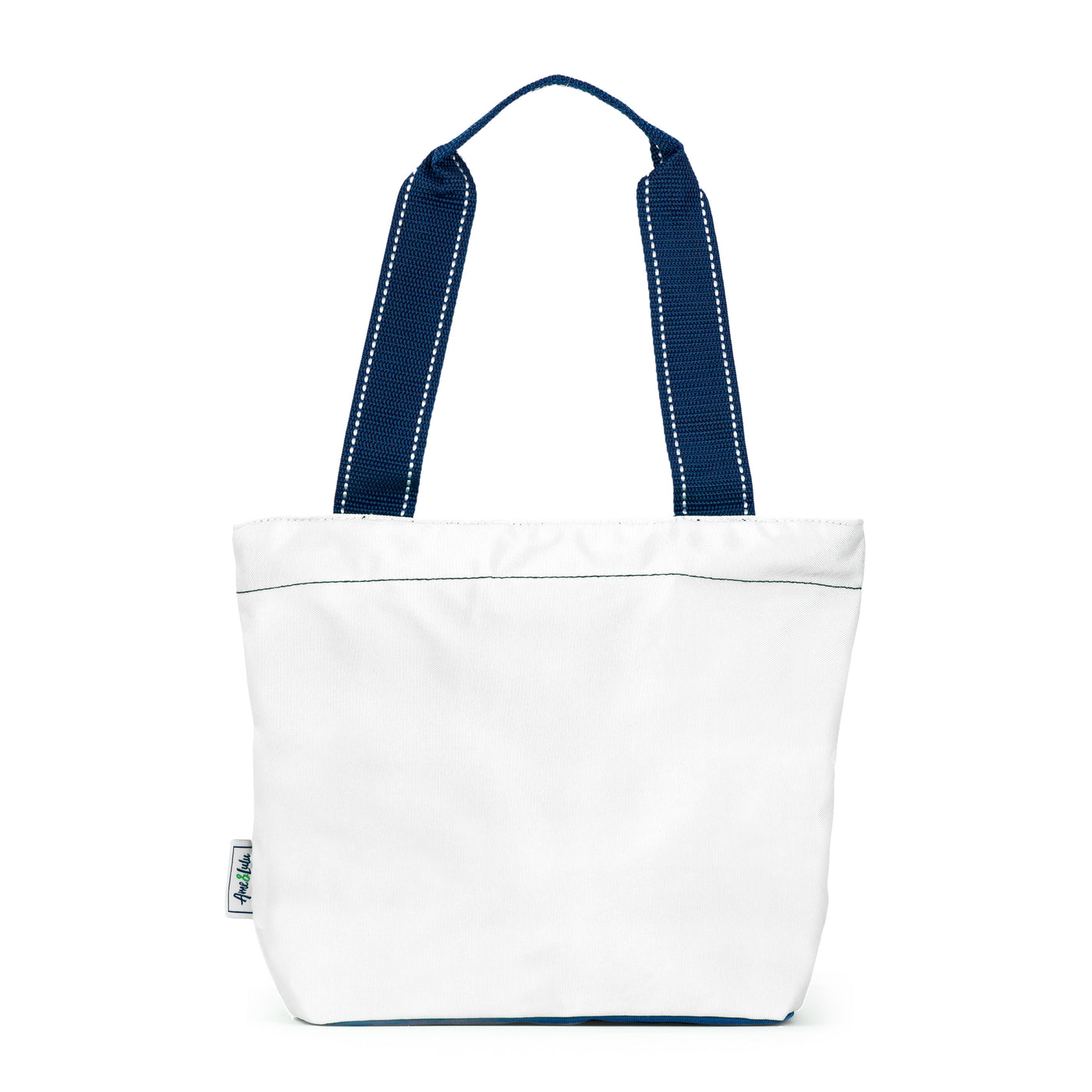 Front view of white mini surfside tote. Tote have navy details and navy straps