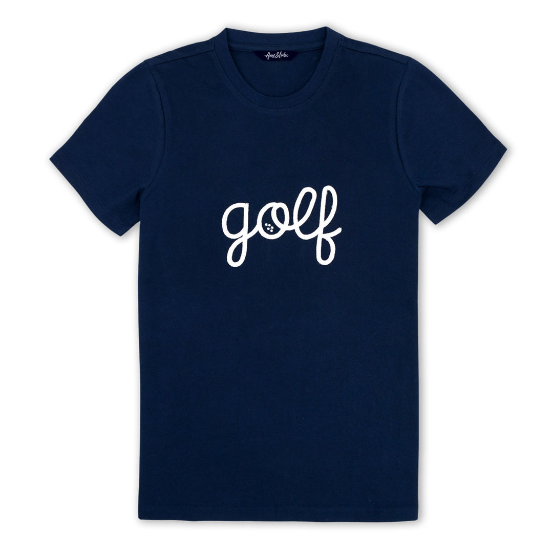 Navy t-shirt lays flat on a white background with the word golf embroidered in a white cursive font